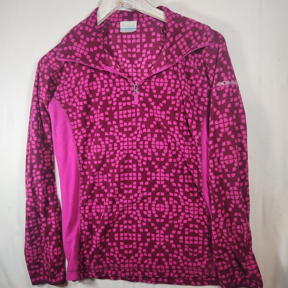 Columbia Womens Pink Purple Geometric Grid Fleece Quarter Zip Pullover M